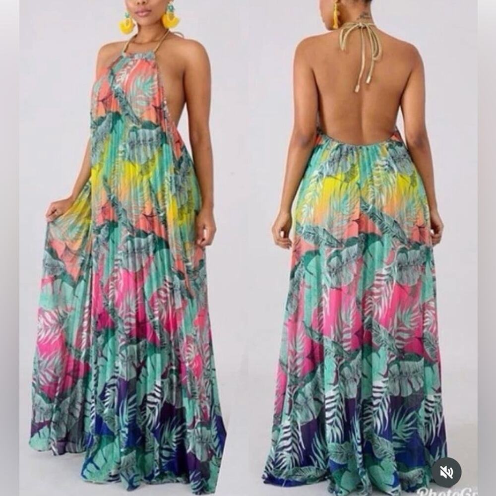 EVER AFTER Tropical Multicolor Halter Pleated Maxi Dress Size Medium - Picture 5 of 9